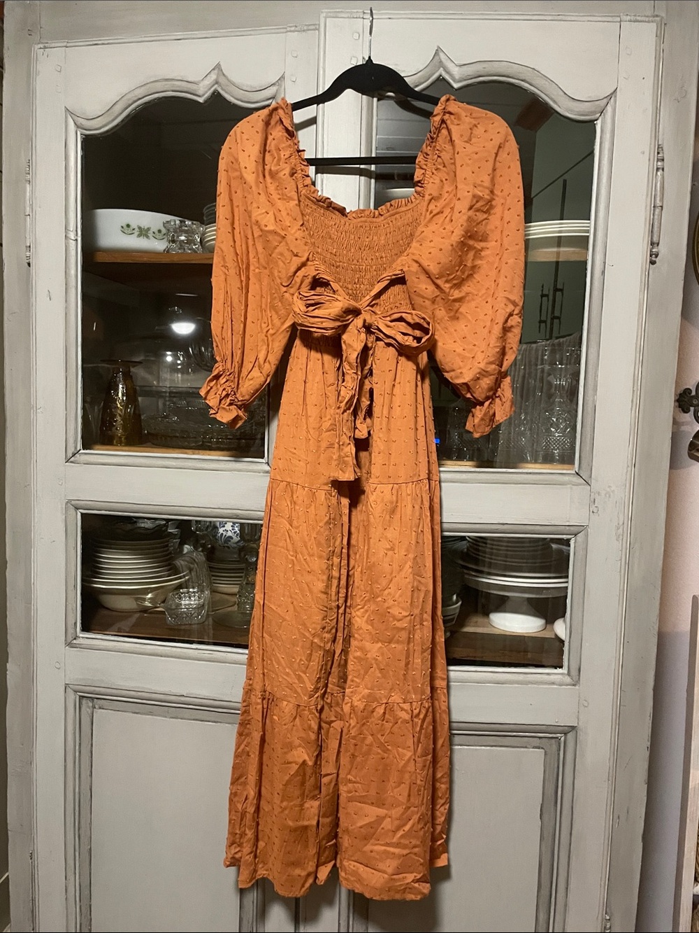 Smocked Square-Neck Midi Dress in Rust - Picture 2 of 5